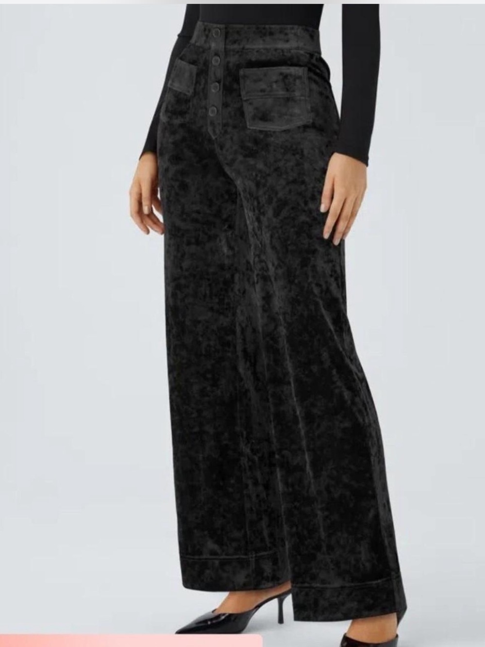 Halara NWT Black velvet wide leg trousers with front pockets and button detail. - Picture 2 of 14